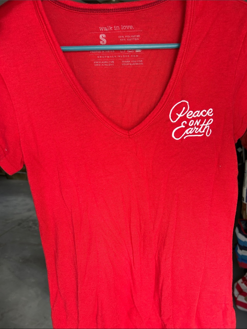 Walk In Love Women's Red V-Neck Tee - 'Peace on Earth' Chest Graphic